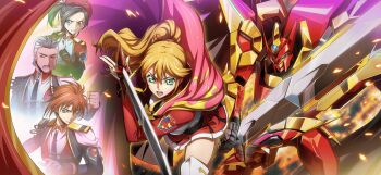 blonde_hair code_geass code_geass:_lost_stories code_geass:_soubou_no_oz commentary_request f4samurai game_cg green_eyes highres knightmare_frame long_hair official_art oldrin_zevon ponytail red_skirt second-party_source skirt sword weapon