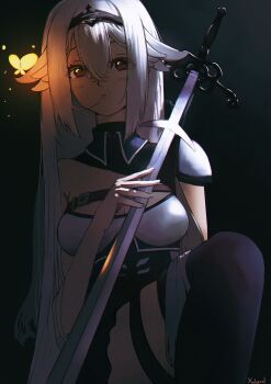 1girl armor breasts breasts_out bug butterfly glowing indie_virtual_youtuber insect matoi_miia shoulder_armor sword virtual_youtuber weapon white_hair xobevol yellow_background