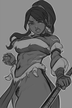 1girl bare_shoulders breasts cowboy_shot detached_sleeves djcomps female_pubic_hair from_below grey_background greyscale highres holding holding_polearm holding_weapon large_breasts league_of_legends monochrome navel nidalee parted_bangs polearm ponytail pubic_hair solo weapon