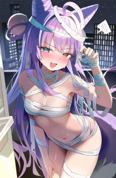 1girl :d absurdres bandages blue_eyes breasts brown_eyes budget_sarashi building claw_pose cone_hair_bun door doorway embarrassed fang fox_girl hair_bun hair_ornament halloween halloween_costume heterochromia highres leaning_forward long_hair looking_at_viewer medium_breasts mummy_costume muru_(muru_zi) naked_bandage navel nervous_smile night night_sky open_mouth pom_pom_(clothes) pom_pom_hair_ornament pov_doorway purple_hair sarashi skin_fang sky smile spoken_blush star_(sky) stellive stomach sweat tenko_shibuki virtual_youtuber