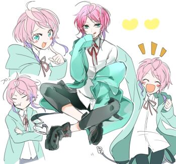 1boy :d :q :t ^_^ ahoge amemura_ramuda ankle_boots arm_up belt between_legs black_boots black_pants blue_eyes blue_jacket blush_stickers boots buckle capri_pants closed_eyes collared_shirt cowlick crossed_arms finger_to_cheek hand_between_legs hand_up heart heart-shaped_buckle hood hood_down hooded_jacket hypnosis_mic indian_style jacket long_sleeves looking_at_viewer male_focus motion_lines multicolored_hair multiple_views neck_ribbon notice_lines open_clothes open_jacket open_mouth pants parted_bangs pink_hair pout purple_streaks raised_eyebrows raised_inner_eyebrows red_ribbon ribbon shirt short_hair shumiko_(kamenokoueki) sidelocks simple_background single_off_shoulder sitting sleeves_past_wrists smile streaked_hair tongue tongue_out turning_head white_background white_shirt
