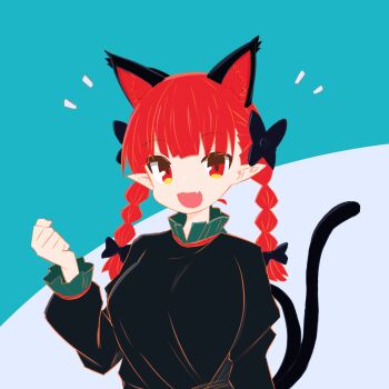 1girl animal_ears blue_background blunt_bangs braid cat_ears cat_girl cat_tail commentary extra_ears fang highres kaenbyou_rin lemphyth long_sleeves looking_at_viewer pointy_ears red_eyes side_braids skin_fang solo tail touhou twin_braids two-tone_background upper_body white_background