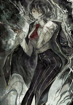 1girl ascot black_hair black_jacket black_pants collared_shirt gq40415378 hair_between_eyes highres jacket jacket_on_shoulders limbus_company moses_(project_moon) multicolored_hair pants project_moon red_ascot shirt short_hair smoking_pipe solo standing streaked_hair two-tone_hair white_hair white_shirt