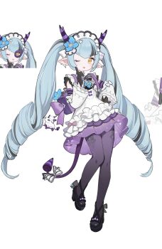 1girl aqua_hair black_gloves black_hair blue_flower bow chinese_commentary commentary_request detached_sleeves dress drill_hair eyepatch flower frills full_body gloves hair_flower hair_ornament heise_changmaomao highres horn_ornament horns long_hair long_sleeves looking_at_viewer maid_headdress multicolored_hair one_eye_closed original pantyhose pointy_ears purple_pantyhose shoes simple_background solo streaked_hair tail tail_ornament twin_drills twintails v-bangs very_long_hair virtual_youtuber white_background white_dress yellow_eyes