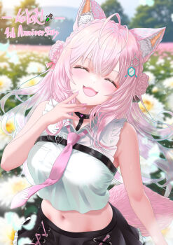 1girl absurdres animal_ear_fluff animal_ears antenna_hair black_skirt blush braid braided_bun breasts closed_eyes crown_braid flower hair_bun hair_ornament hakui_koyori hexagon_hair_ornament highres hololive holox long_hair looking_at_viewer nanaki24 navel necktie open_mouth pink_hair pink_necktie pink_tail shirt skirt sky smile solo tail tree virtual_youtuber white_shirt wolf_ears wolf_girl wolf_tail