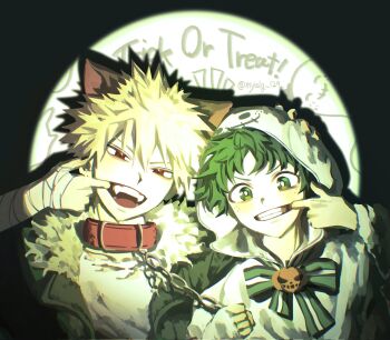 2boys animal_ears bakugou_katsuki bandaged_arm bandages belt_collar blonde_hair blush boku_no_hero_academia bow chain collar finger_in_own_mouth fur-trimmed_jacket fur_trim ghost_costume green_eyes green_hair grin halloween highres holding holding_chain hood hood_up jack-o&#039;-lantern_ornament jacket long_sleeves looking_at_viewer male_focus midoriya_izuku multiple_boys myalg_129 open_clothes open_jacket red_collar shirt short_hair smile spiked_hair teeth trick_or_treat upper_body upper_teeth_only werewolf white_fur white_shirt wolf_boy wolf_ears