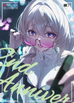 Rule 34 | 1girl, absurdres, adjusting eyewear, bad link, battery indicator, black headband, black sleeves, detached sleeves, dress, firefly (honkai: star rail), firefly (on the journey) (honkai: star rail), gradient eyes, green pupils, grey hair, hair between eyes, hair intakes, hair ornament, headband, highres, honkai: star rail, honkai (series), jw (wrdawrda), looking over eyewear, multicolored eyes, open mouth, purple-tinted eyewear, recording, shirt, signing, sleeveless, sleeveless turtleneck, smile, solo, sweater under dress, tinted eyewear, turtleneck, turtleneck dress, turtleneck shirt, viewfinder