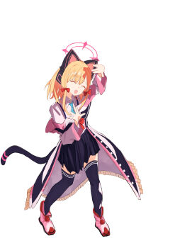 1girl ^_^ absurdres animal_ear_headphones animal_ears aqua_necktie arm_up black_coat black_skirt black_tail black_thighhighs blonde_hair blue_archive boots bow buttons cat_ear_headphones cat_ears cat_tail chestnut_mouth chinese_commentary clip_studio_paint_(medium) closed_eyes coat coat_partially_removed collared_shirt commentary fake_animal_ears fake_tail frilled_coat frills full_body hair_bow halo hand_up happy head_tilt headphones highres hood hood_down hooded_coat layered_sleeves liu_li_(258062940) long_sidelocks long_sleeves low-tied_sidelocks making-of_available medium_hair momoi_(blue_archive) multicolored_coat necktie open_clothes open_coat open_hands open_mouth palms parted_bangs pink_boots pink_coat pink_halo pink_hood pleated_skirt red_bow school_uniform shirt sidelocks simple_background skirt smile solo standing suspender_skirt suspenders tail teeth thighhighs upper_teeth_only white_background white_coat white_shirt wide_sleeves zettai_ryouiki