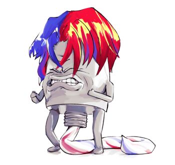 1other male_alear_(fire_emblem) blue_hair clenched_hands clenched_teeth closed_eyes commentary english_commentary fire_emblem fire_emblem_engage frostfiresoul highres meme multicolored_hair nintendo objectification red_hair shitting_toothpaste_(meme) simple_background solo teeth toothpaste two-tone_hair what white_background