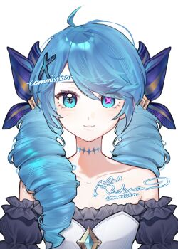 1girl :3 ahoge bare_shoulders black_shirt blue_bow blue_eyes blue_gemstone blue_hair blue_tattoo bow bright_pupils closed_mouth collarbone commission diamond_(shape) drill_hair gem gwen_(league_of_legends) hair_bow hair_ornament hair_over_shoulder league_of_legends long_hair looking_at_viewer mihuashi_commission mismatched_pupils neck_tattoo off-shoulder_shirt off_shoulder pink_pupils puffy_sleeves shirt side_part signature simple_background solo star-shaped_pupils star_(symbol) straight-on sundayxiye symbol-shaped_pupils tattoo twin_drills upper_body variant_set watermark white_background x-shaped_pupils x_hair_ornament