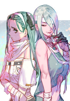 1girl 2girls a.b.a a.k.i._(street_fighter) back-to-back bags_under_eyes bandaged_neck bandages bare_shoulders breasts claw_(weapon) claw_ring crossover green_eyes green_hair grey_hair guilty_gear guilty_gear_strive hair_over_one_eye hungry_clicker key key_in_head long_hair mole mole_under_mouth multiple_girls navel object_through_head official_alternate_costume pale_skin street_fighter street_fighter_6 weapon