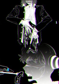2boys black_background blindfold cannibalism chaixuxu0705 chromatic_aberration clown fang feeding food fork glasses glitch gloves guro highres holding holding_fork intestines jacket male_focus multiple_boys open_clothes open_jacket randal&#039;s_friends randal_ivory sebastian_de_tomato_smith_chicken_legs short_hair simple_background sweat
