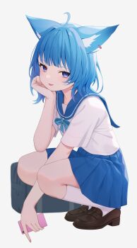 1girl ahoge animal_ears bag blue_eyes blue_hair blue_sailor_collar blue_skirt bow bowtie brown_shoes cat_ears hashtag-only_commentary head_rest highres loafers looking_at_viewer medium_hair nanashi_inc. nishino_eri pleated_skirt sailor_collar school_bag school_uniform serafuku shirt shoes short_sleeves skirt socks solo souya_ichika squatting tongue tongue_out virtual_youtuber white_shirt white_socks