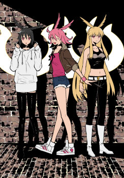 3girls black_pants black_shirt boots breasts brick_wall commentary_request fate/grand_order fate_(series) head_wings hildr_(fate) hood hoodie long_hair medium_breasts medium_hair meiji_ken midriff multiple_girls ortlinde_(fate) pants pink_hair pink_shirt red_eyes shirt shoes short_hair shorts siblings sisters thrud_(fate) twitter_username valkyrie_(fate) white_boots white_shirt white_shoes wings