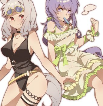 2girls animal_ears bare_shoulders black_choker black_one-piece_swimsuit blunt_bangs blush braid breasts casual_one-piece_swimsuit choker cleavage closed_mouth collarbone commentary_request dress dress_swimsuit eyewear_on_head food food_in_mouth gold_ship_(run_revolt_launcher)_(umamusume) gold_ship_(umamusume) grey_hair highres horse_ears horse_girl horse_tail large_breasts long_hair looking_at_viewer mejiro_mcqueen_(ripple_fairlady)_(umamusume) mejiro_mcqueen_(umamusume) multiple_girls nymphus official_alternate_costume one-piece_swimsuit popsicle popsicle_in_mouth purple_eyes purple_hair see-through_clothes see-through_dress smile sunglasses swimsuit tail thigh_strap umamusume yellow-framed_eyewear