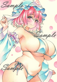 1girl alternate_costume bikini blue_bikini blue_hat blush breasts cleavage closed_mouth commentary_request detached_sleeves hat huge_breasts looking_at_viewer medium_hair miyakooo0420 mob_cap navel pink_eyes pink_hair plump saigyouji_yuyuko sample_watermark side-tie_bikini_bottom sleeve_garter smile solo stomach swimsuit touhou traditional_media triangular_headpiece watermark