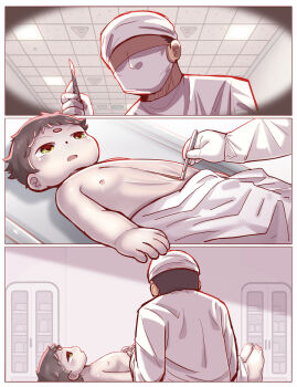 2boys adults age_difference aged_down aged_up belly breasts brown_hair clothed_male_nude_male completely_naked_male completely_nude corpse cutter cutting death doctor dying green_eyes guro highres knife male male_focus male_gore mask multiple_boys nipples nude older_male_and_younger_male original shota xiao_weiba zenra