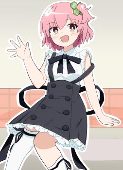 Rule 34 | 1girl, :d, arm at side, assault lily, asymmetrical legwear, black ribbon, black skirt, blush, breasts, bright pupils, brown eyes, buttons, clover hair ornament, collared shirt, commentary request, feet out of frame, four-leaf clover hair ornament, frilled shirt, frilled skirt, frills, hair ornament, hand up, high-waist skirt, highres, hitotsuyanagi riri, indoors, knees together feet apart, leg ribbon, looking at viewer, medium breasts, neck ribbon, one side up, open hand, open mouth, outline, pink hair, ribbon, school uniform, shirt, short hair, sitting, skirt, sleeveless, sleeveless shirt, smile, solo, suspender skirt, suspenders, suspenders slip, thigh ribbon, thighhighs, uneven legwear, white outline, white pupils, white shirt, white thighhighs, yurigaoka girls academy school uniform, yuzuki suzuha