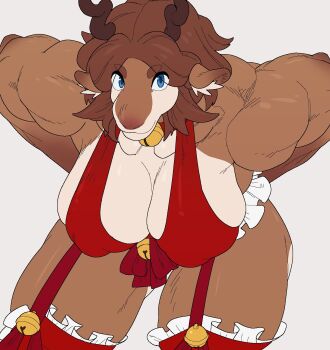 1girl animal_ears antlers bare_shoulders bell biceps bikini blue_eyes breasts christmas cleavage deer_ears furry furry_female gaku_(ququlg) highres horns jingle_bell large_breasts leaning_forward looking_at_viewer muscular muscular_female neck_bell original red_bikini red_thighhighs reindeer_antlers reindeer_girl santa_bikini santa_costume smile solo standing swimsuit tall_female thick_thighs thighhighs thighs