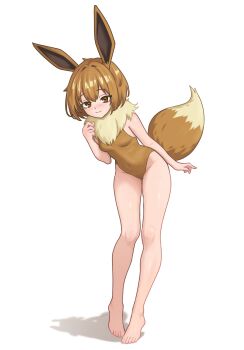 1girl animal_ears barefoot breasts brown_eyes brown_hair brown_leotard closed_mouth commentary_request covered_navel eevee full_body fur_scarf gen_1_pokemon hand_up highres knees leaning_forward leotard nihu nintendo personification pokemon short_hair solo standing tail toes white_background