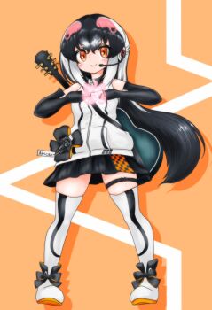 1girl african_penguin_(kemono_friends) bare_shoulders belt black_hair elbow_gloves full_body gloves guitar headphones highres hood hoodie instrument itkr_226 kemono_friends kemono_friends_v_project long_hair looking_at_viewer microphone multicolored_hair orange_background penguin_girl red_eyes ribbon shoes simple_background skirt sleeveless solo thighhighs virtual_youtuber zipper