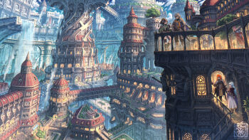 Rule 34 | 1boy, 3girls, armor, blue hair, bridge, brown hair, cityscape, cloak, commentary request, concept art, crowd, fantasy, fingerless gloves, gloves, grey hair, guard rail, highres, jacket, knight, long hair, mixed-language commentary, multiple girls, nagi itsuki, orange hair, original, over shoulder, pointy ears, road, scenery, short hair, shoulder armor, smoke, smoke trail, stairs, statue, street, tower, tree, very long hair, weapon, weapon over shoulder, window