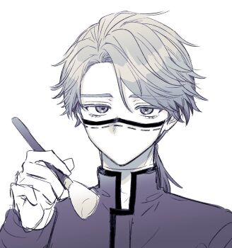 1boy aesop_carl expressionless gloves greyscale hair_intakes highres holding holding_brush holding_makeup_brush identity_v looking_at_viewer low_ponytail lower_eyelashes_only makeup_brush male_focus mask monochrome mouth_mask ponytail portrait solo suyapipi