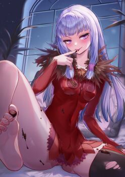 Rule 34 | 1girl, absurdres, agria (tales), aoi chamu, blunt bangs, blush, breasts, chocolate, chocolate on body, chocolate on foot, chocolate on thigh, commission, feather-trimmed dress, feet, food on body, freckles, fur trim, hair rings, highres, indoors, licking, licking finger, long hair, on bed, purple eyes, sidelocks, small breasts, solo, tales of (series), tales of xillia, thighhighs, torn clothes, torn thighhighs, white hair, window