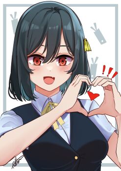 ! !! 1girl absurdres black_hair black_vest bob_cut breasts collared_shirt commentary double-parted_bangs dress_shirt hair_between_eyes hair_ribbon heart heart_hands heart_in_heart_hands highres looking_at_viewer love_live! love_live!_nijigasaki_high_school_idol_club medium_breasts mifune_shioriko neck_ribbon nijigasaki_school_uniform ribbon school_uniform shirt short_hair short_sleeves signature solo summer_uniform vest whin white_shirt yellow_ribbon