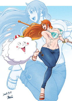 1girl 1other 2025 absurdres artist_name bangle bare_shoulders bikini bikini_top_only blue_pants blush bracelet breasts cleavage clima-tact cloud collarbone commentary_request dated denim earrings feet floating_hair full_body green_bikini highres holding holding_staff jeans jewelry large_breasts leg_up linea_alba log_pose long_hair looking_at_another mich_kj nami_(one_piece) nami_(one_piece)_(return_to_sabaody) navel one_piece open_mouth orange_hair pants pearl_earrings sandals signature single_sidelock staff standing standing_on_one_leg stomach swimsuit teeth toes upper_teeth_only zeus_(one_piece)