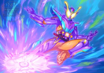 Rule 34 | 1boy, absurdres, armor, bodysuit, commentary, energy, finishing move, glowing, glowing eyes, gochipod, henshin belt gavv, highres, kamen rider, kamen rider gavv, kamen rider gavv (series), kamen rider gavv master mode, looking at viewer, male focus, open hands, otokamu, rider kick, solo, tokusatsu, twitter username, watermark, yellow eyes