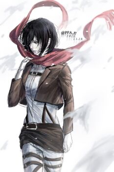 Rule 34 | 1girl, black hair, breasts, brown jacket, cowboy shot, cropped jacket, dated, hair over one eye, hashtag-only commentary, highres, jacket, medium breasts, mikasa ackerman, pale skin, pants, ppa 37, red scarf, scarf, shingeki no kyojin, shirt, short hair, sketch, solo, three-dimensional maneuver gear, twitter username, white pants, white shirt