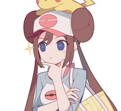 Rule 34 | 1girl, 343rone, bag, baseball cap, blue eyes, brown hair, closed mouth, commentary request, creatures (company), double bun, doughnut hair bun, game freak, gen 1 pokemon, hair bun, hand on own chin, hat, holding, holding bag, long hair, nintendo, on head, pikachu, poke ball print, pokemon, pokemon (creature), pokemon bw2, pokemon on head, print headwear, rosa (pokemon), simple background, smile, sparkle, thinking, upper body, white background