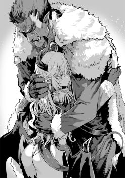 1boy 1girl ahoge asanagi ass bash_(orc_eiyuu_monogatari) bright_pupils cape closed_eyes cross-shaped_pupils dragon_girl dragon_horns dragon_tail dragon_wings epaulettes eye_(orc_eiyuu_monogatari) fur_cape fur_trim gloves greyscale hetero highres horns hug leotard long_hair monochrome non-web_source novel_illustration official_art orc orc_eiyuu_monogatari pointy_ears scar scar_across_eye scar_on_face scar_on_nose size_difference symbol-shaped_pupils tail tusks wings