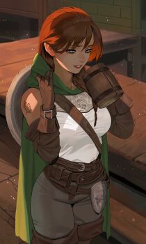 Rule 34 | 1girl, absurdres, bare shoulders, beer mug, belt, black pants, braid, breasts, brown belt, brown gloves, brown hair, brown lips, brown sleeves, cape, commentary, cup, dark-skinned female, dark skin, detached sleeves, english commentary, gloves, green cape, green eyes, highres, holding, holding cup, hood, hood down, hooded cape, indoors, lips, long hair, medium breasts, mug, ori dal, original, pants, parted lips, shield, shirt, shoulder tattoo, smile, solo, table, tattoo, white shirt