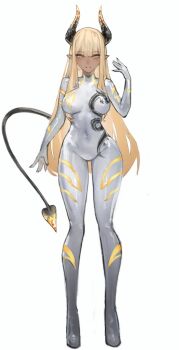 1girl black_horns black_tail blonde_hair blunt_bangs bodysuit breasts commentary commission covered_navel demon_horns demon_tail dragon_print english_commentary full_body grey_bodysuit hand_up highres horns impossible_bodysuit impossible_clothes long_hair lucadark_art medium_breasts multicolored_horns orange_eyes original second-party_source simple_background smile solo standing tail thigh_gap two-tone_horns white_background yellow_horns zahava_(sword_scream)