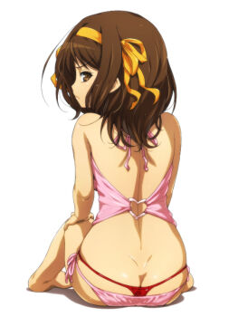 1girl annoyed ass back bikini brown_eyes brown_hair butt_crack dimples_of_venus female_focus hair_ribbon hairu layered_bikini looking_at_viewer looking_back panties pout red_panties ribbon short_hair side-tie_bikini_bottom simple_background solo suzumiya_haruhi suzumiya_haruhi_no_yuuutsu swimsuit thong thong_bikini underwear whale_tail_(clothing)