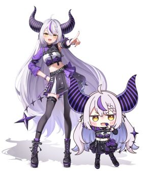 1girl ahoge asymmetrical_legwear black_boots black_pantyhose black_thighhighs boots braid chacha_zo commentary_request demon_girl demon_horns demon_tail full_body grey_hair hair_between_eyes hand_on_own_hip highres hololive horns la+_darknesss long_hair long_sleeves looking_at_viewer midriff multicolored_hair navel open_mouth pantyhose pointing pointing_at_viewer purple_hair purple_socks shadow skirt smile socks socks_over_pantyhose socks_over_thighhighs standing streaked_hair tail thighhighs uneven_legwear very_long_hair virtual_youtuber yellow_eyes