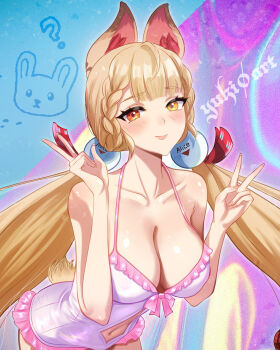1girl ? alice_thymefield animal_ears artist_name blonde_hair blush breasts cleavage cowboy_shot double_v frilled_one-piece_swimsuit frills hair_ornament heterochromia highres long_hair looking_at_viewer low_twintails one-piece_swimsuit pink_one-piece_swimsuit rabbit_ears rabbit_girl rabbit_tail red_eyes smile solo sphere_hair_ornament swimsuit tail twintails v very_long_hair white_one-piece_swimsuit yellow_eyes yuki0_art zenless_zone_zero