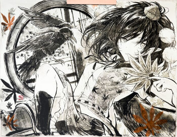 1girl animal bird commentary_request crow fine_art_parody frills greyscale hat hauchiwa highres hisona_(suaritesumi) holding kneehighs leaf leaf_print looking_at_viewer medium_hair monochrome neck_ribbon nihonga parody photo_(medium) pointy_ears pom_pom_(clothes) print_shirt ribbon seal_impression shameimaru_aya shirt short_sleeves socks solo tokin_hat touhou traditional_media