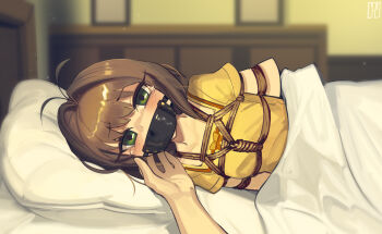 1girl ahoge arms_behind_back bdsm bondage bound bound_breasts bound_torso box_tie breast_bondage breasts brown_hair cad_(caddo) cardcaptor_sakura collarbone crying crying_with_eyes_open female_focus gag gagged green_eyes highres indoors kinomoto_sakura loli long_hair looking_at_viewer lying on_side panel_gag restrained shibari shibari_over_clothes shirt small_breasts solo_focus tears under_covers variant_set yellow_shirt