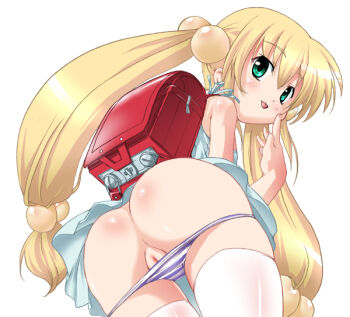 00s 1girl :p ass backpack bag blonde_hair blue_panties blush cleft_of_venus fat_mons female_focus from_behind from_below green_eyes hair_bobbles hair_ornament kodomo_no_jikan kokonoe_rin loli long_hair looking_back mooning panties panty_pull presenting pussy pussy_peek randoseru solo sphere_hair_ornament striped_clothes striped_panties studio_rakkyou takase_yuu thigh_gap thighhighs thighs tongue tongue_out twintails uncensored underwear