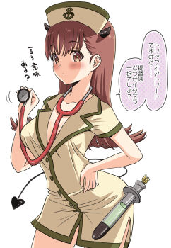 1girl alternate_costume anchor_symbol brown_eyes brown_hair demon_horns demon_tail dress hat highres holding holding_stethoscope horns kantai_collection kujira_naoto long_hair looking_at_viewer nurse nurse_cap ooi_(kancolle) short_dress solo stethoscope syringe tail torpedo translation_request yellow_dress yellow_hat