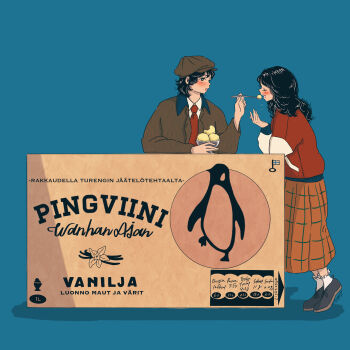 2girls :o ankle_socks artist_name black_eyes black_hair blue_background blush bright_pupils brown_hat brown_jacket closed_eyes collared_shirt commentary_request contrast_collar cup disposable_cup disposable_ice_cream_cup eating elbow_rest feeding finnish_flag finnish_text food frilled_socks frills grey_shoes grid_print hand_up hat highres holding holding_spoon ice_cream ice_cream_spoon jacket leaning_on_object lisa_(illustsan430) logo long_hair long_skirt long_sleeves looking_at_another medium_hair multicolored_jacket multiple_girls necktie newsboy_cap open_clothes open_jacket open_mouth orange_skirt original oversized_object profile red_jacket red_necktie shadow shirt shoes sidelocks signature simple_background skirt socks spoon standing tiptoes translation_request turning_head white_pupils white_shirt white_sleeves white_socks