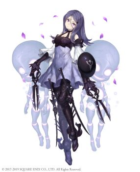 1girl absurdres armored_boots bare_shoulders boots claws detached_sleeves doll doll_joints drag-on_dragoon drag-on_dragoon_3 dress facial_mark female_focus forehead_mark full_body hair_between_eyes hair_ornament hairclip head_tilt highres ji_no joints looking_at_viewer official_art petals purple_eyes purple_hair scissors shield sinoalice solo square_enix sword thighhighs three_(drag-on_dragoon) weapon white_background