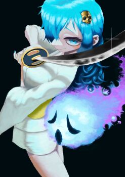 1girl absurdres bishamon_(darkstalkers) black_background blue_eyes blue_hair blue_nails commentary darkstalkers genderswap genderswap_(mtf) highres holding holding_sword holding_weapon long_hair nojob_hiro sword weapon