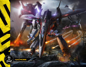 alien battle damaged debris dirty electricity energy energy_cannon funkman23 future gerwalk glowing glowing_eye jolly_roger machinery macross macross_frontier mecha missile non-humanoid_robot one-eyed realistic regult robot s.m.s. science_fiction surrounded variable_fighter vf-25 walker_(robot) war zentradi