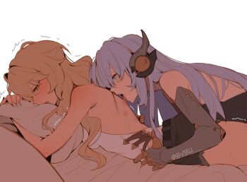 2girls android artist_name bed_sheet black_shorts blonde_hair blue_hair blush body_freckles bvbu commentary english_commentary freckles genshin_impact headgear hickey highres hugging_object ineffa_(genshin_impact) jahoda_(genshin_impact) licking_another's_back long_hair looking_at_another lying mechanical_arms mole mole_on_arm mole_on_back mole_on_leg multiple_girls on_stomach open_mouth pillow pillow_hug shorts shoulder_freckles simple_background sweat twitter_username white_background yuri