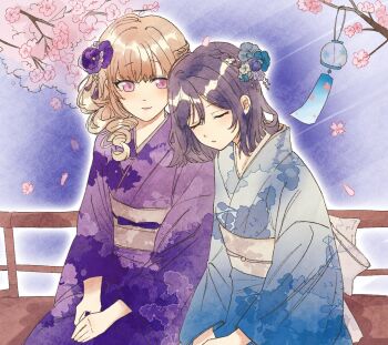 Rule 34 | 2girls, blue hair, blue kimono, braid, brown hair, closed eyes, closed mouth, commentary, falling petals, flower, hair flower, hair ornament, hashtag-only commentary, highres, japanese clothes, kimono, long hair, medium hair, mim120809, miyagi shiori, multiple girls, petals, purple eyes, purple kimono, sendai hazuki, shuuniichido classmate wo kau hanashi, sitting, wind chime