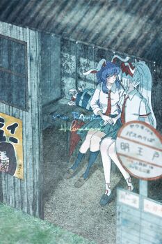 2girls absurdres animal_ears bag black_skirt black_socks blush bus_stop bus_stop_shelter character_print commentary_request dress_shirt facing_another from_above fujiwara_no_mokou hakunemui highres holding_hands houraisan_kaguya kneehighs loafers long_hair multiple_girls necktie outdoors pleated_skirt ponytail purple_hair rabbit_ears rabbit_girl red_necktie reisen_udongein_inaba school_bag school_uniform shirt shoes signature sitting skirt socks stuffed_animal stuffed_rabbit stuffed_toy touhou very_long_hair watermark watermark_grid white_hair white_shirt yuri